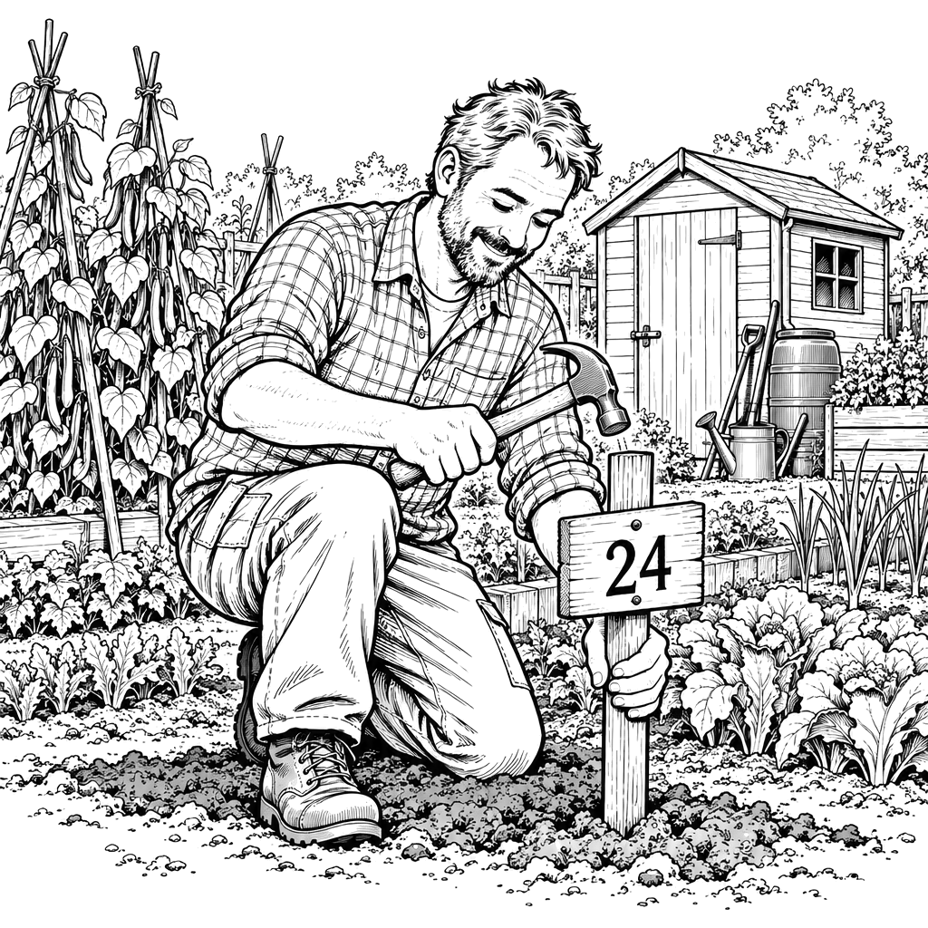 Cartoon gardener hammering a clearly numbered sign into an allotment plot, with vegetables and a shed behind him