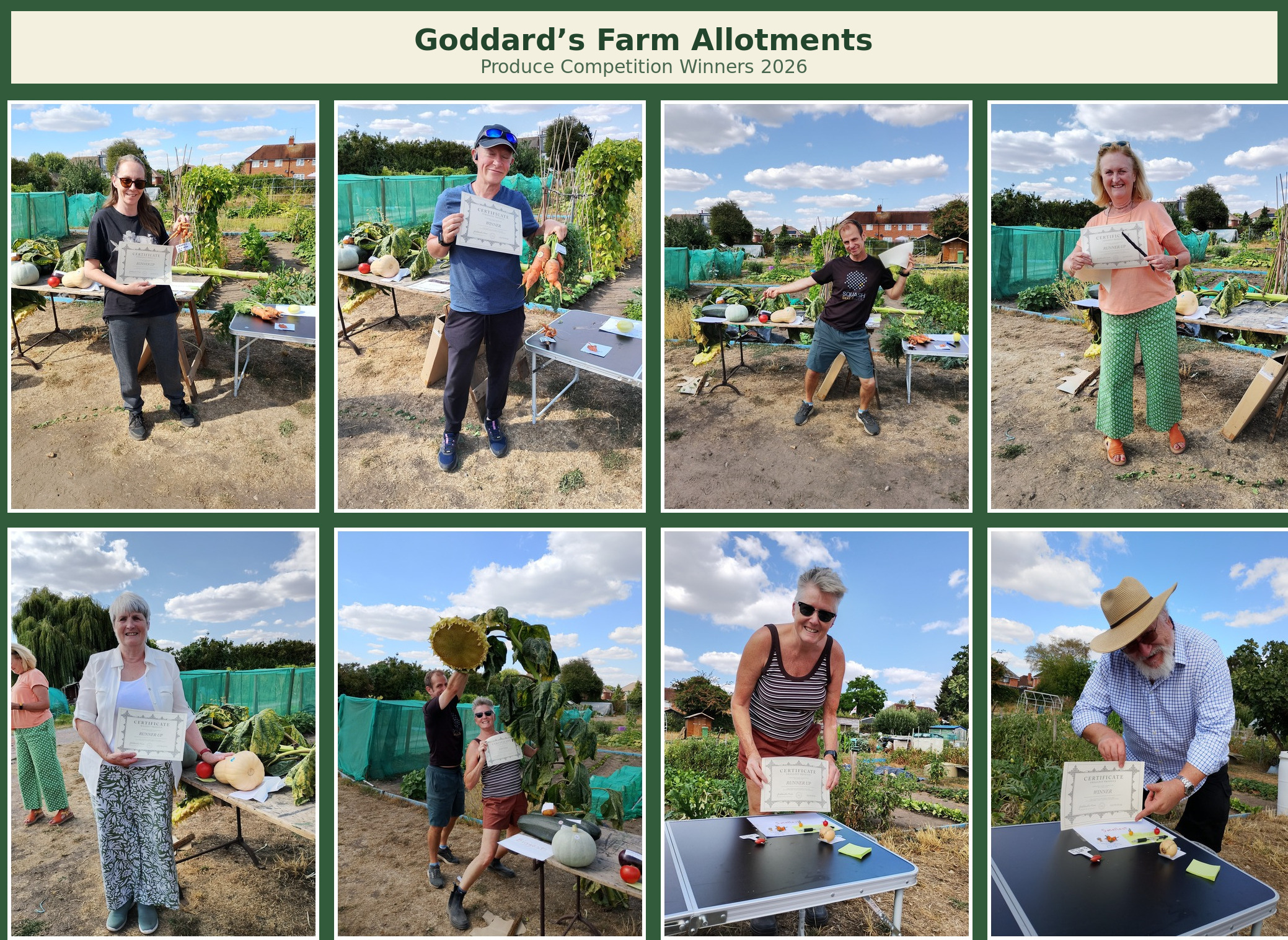 Eight winners from the 2026 Goddard's Farm Produce Competition holding their certificates and produce