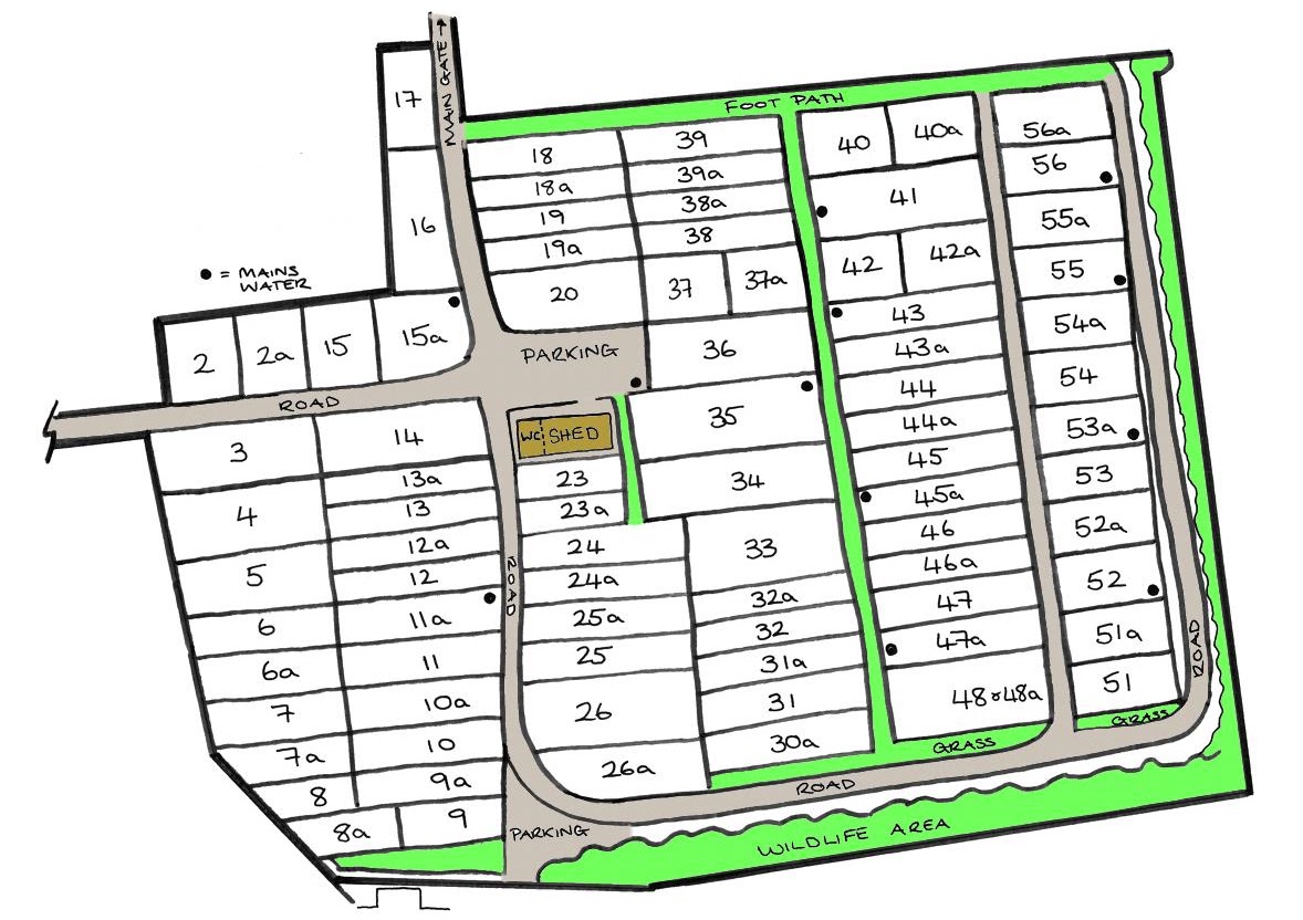 Hand-drawn map of Goddard's Farm allotment site showing numbered plots and facilities